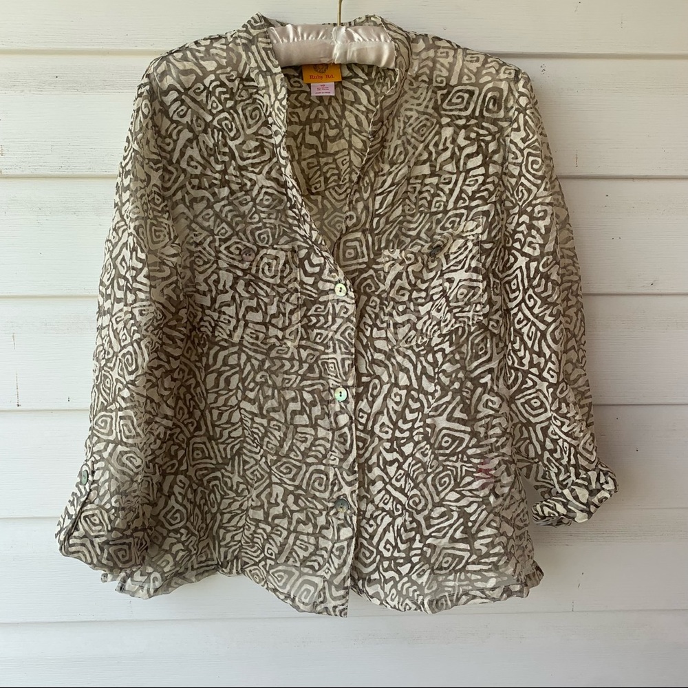 Ruby Road Aztec Geometric Print Semi-sheer button front lightweight blouse Sz 10